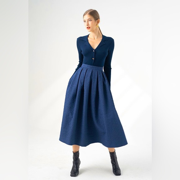 Dark Blue Satin Midi Skirt (US 12) - Picture 1 of 4